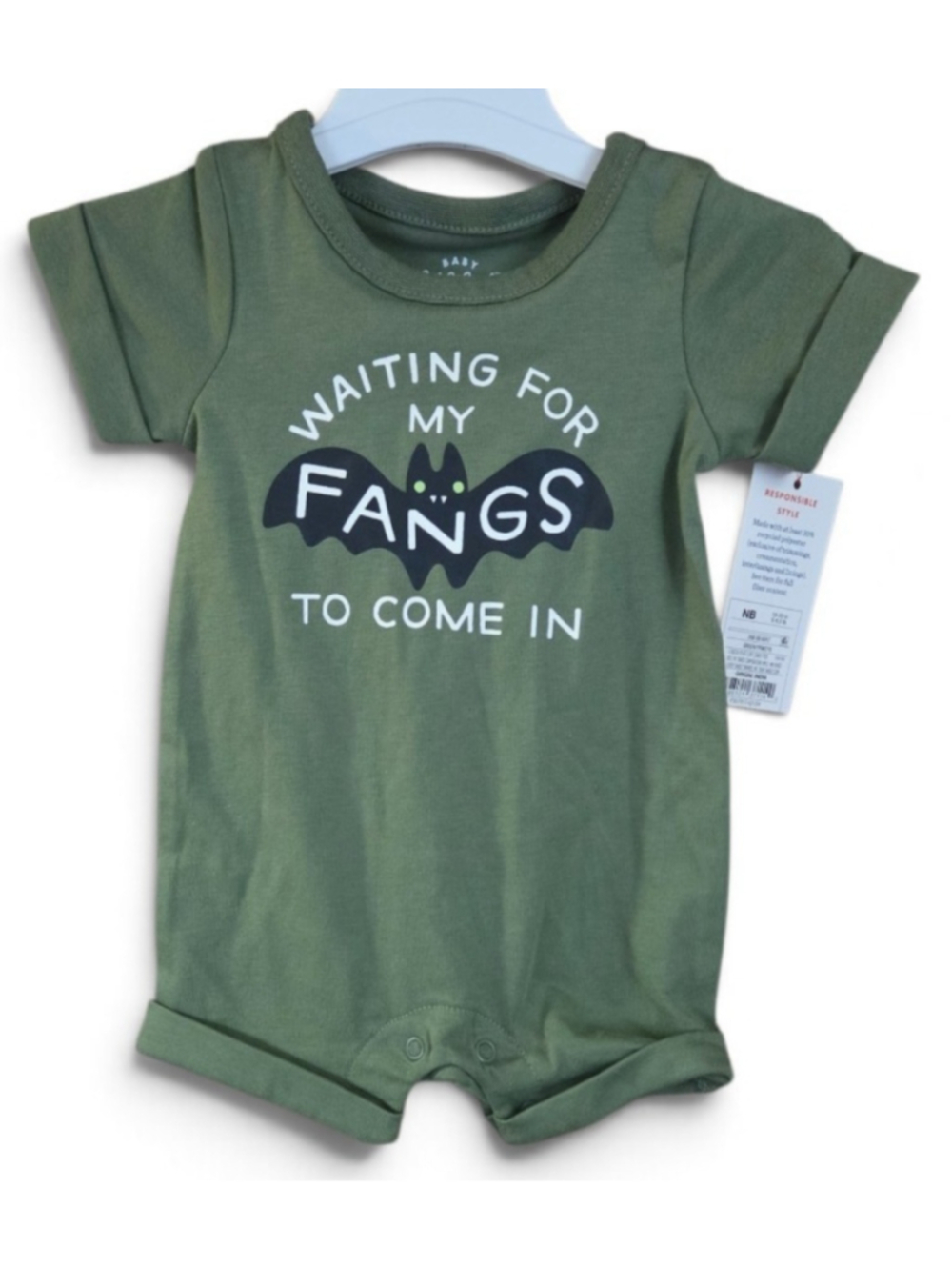 Baby Unisex Bodysuit NB Green White Waiting For My Fangs To Come In